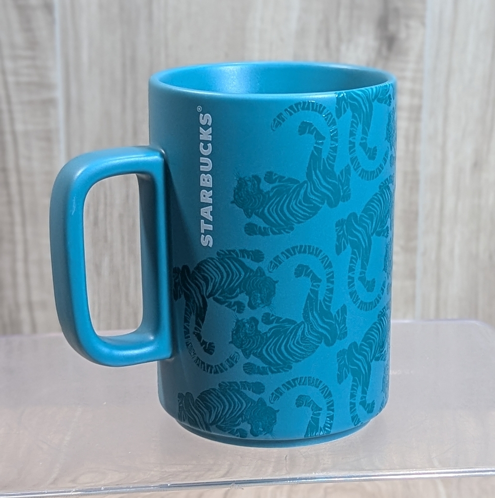 Starbucks "SUMATRA TIGER" Mug Teal Blue Green Embossed 12oz Coffee Tea 2018